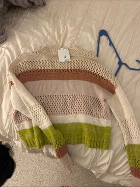 Craft Striped Open-Knit Sweater in Cream, Pink, Rust & Green